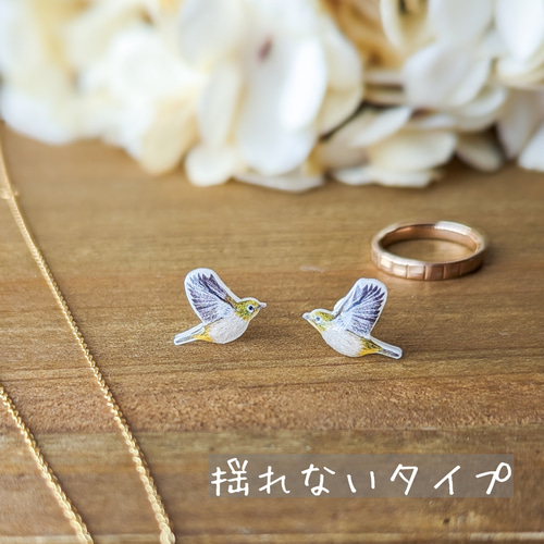 揺れる？揺れない？】極小メジロさんのピアス イヤリング 野鳥/春色/鳥