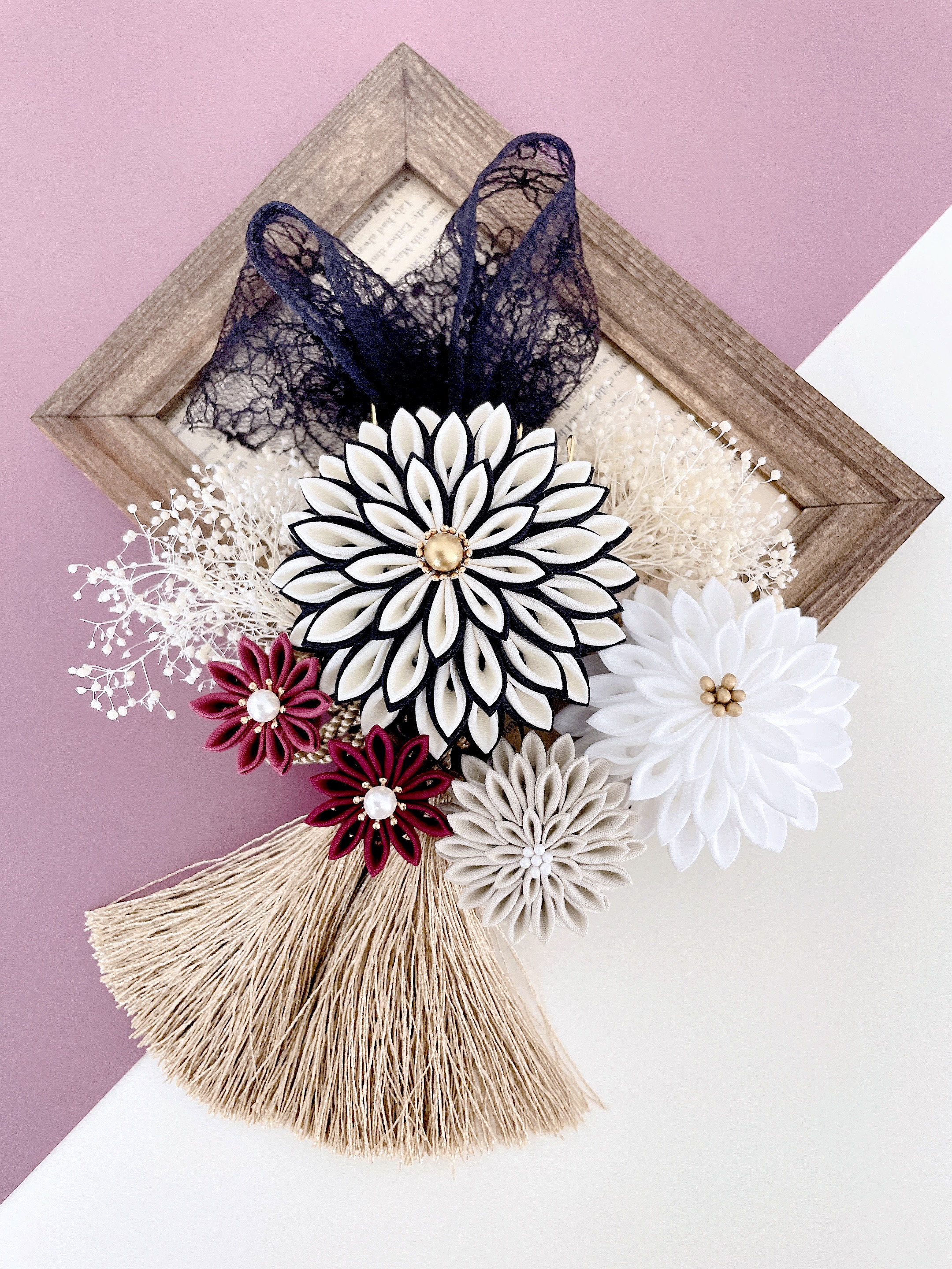 つまみ細工　髪飾り　＊大人かわいいレトロモダン＊成人式　振袖　和装　卒業式　七五三　結婚式　ヘッドドレス