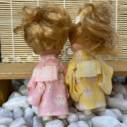 015 ミキちゃんマキちゃん ハンドメイド服 着物 浴衣 帯 ネコ柄 ダブル