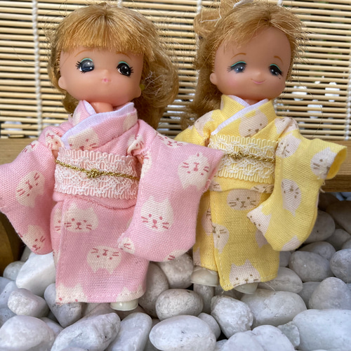 015 ミキちゃんマキちゃん ハンドメイド服 着物 浴衣 帯 ネコ柄 ダブル