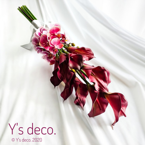 生花に見える】 カラーと胡蝶蘭 ウェディングブーケ 造花 バーガンディ