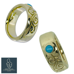 ネイティブ 唐草 インディアン エッジなし 平打ち 真鍮製の上質な指輪 デザインリング トルコ石 カスタム可能 男女人気 6枚目の画像