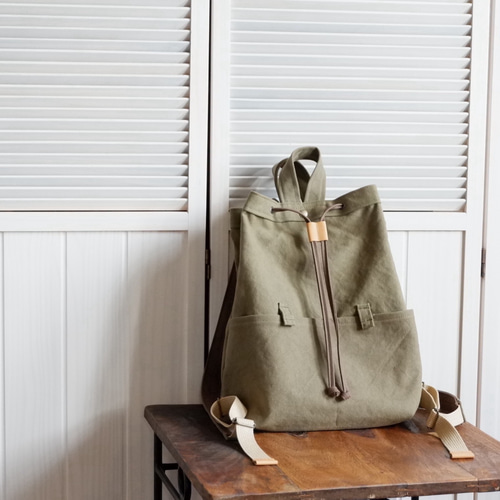 倉敷産帆布の柔らかリュック ＊ カーキ リュック・バックパック