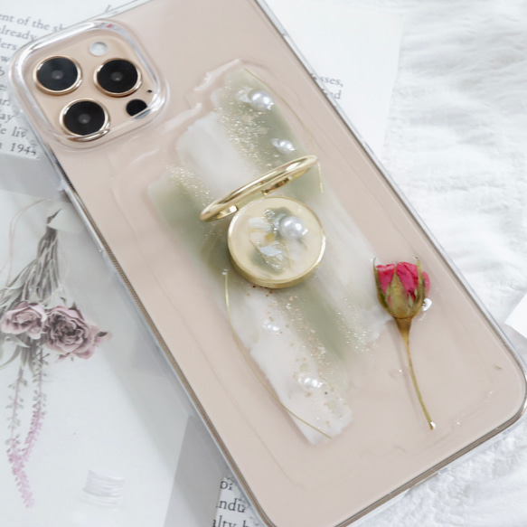 抹茶ラテ☕︎︎‎ スマホリング付き ニュアンススマホケース iPhone Android 全機種 クリア  薔薇 5枚目の画像