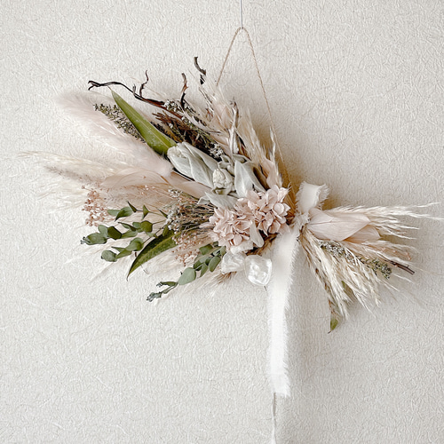 ホワイトとベージュ　アンティーク　横長スワッグ ベージュアンドホワイト ドライフラワータペストリー 横長スワッグの