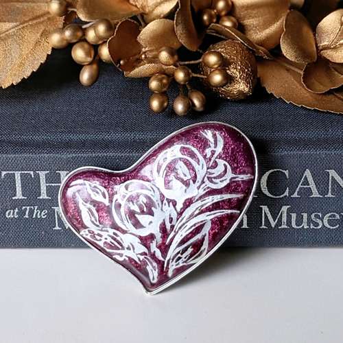 一点限定＊シルバーレリーフ｜ボルドー｜ハート【銀張七宝、ブローチ