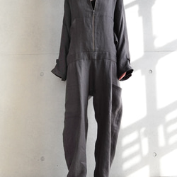 麻のリブカラージャンプスーツ・つなぎ【gri:n ai】 オールインワン
