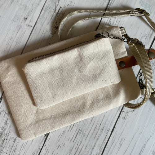 ハシビロコウ刺繍 11号帆布二重仕立て スマホポーチ ストラップ付
