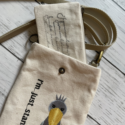 ハシビロコウ刺繍 11号帆布二重仕立て スマホポーチ ストラップ付