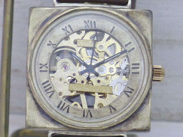 BHW138 手巻きBrass 36mmスクエア ローマ数字 ノーマルベルト 手作り時計 [BHW138 ローマ] 5枚目の画像