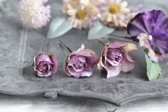 結婚式・成人式・卒業袴に♡紫のパンジーと薔薇のヘッドドレス　ウェディング　ブライダル　花嫁ヘア　成人式　結婚式　髪飾り 8枚目の画像