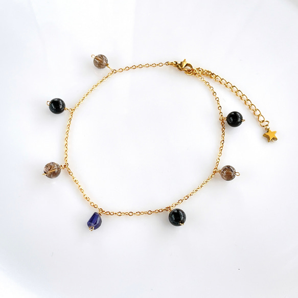 アイオライト✧モリオン✧スモーキーアイリスクォーツの御守りアンクレット✧ Iolite × Morion Anklet 2枚目の画像