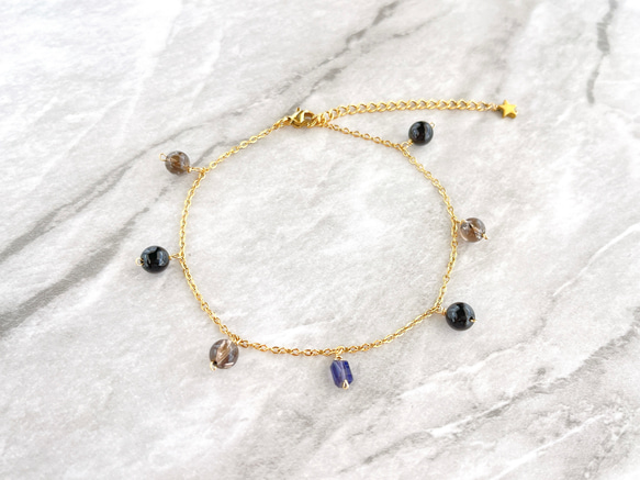 アイオライト✧モリオン✧スモーキーアイリスクォーツの御守りアンクレット✧ Iolite × Morion Anklet 5枚目の画像