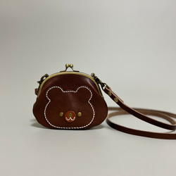 姫路レザーminiがま口ポシェット◇焦げ茶 外ポッケ付き くまちゃん