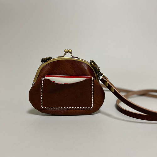 姫路レザーminiがま口ポシェット◇焦げ茶 外ポッケ付き くまちゃん