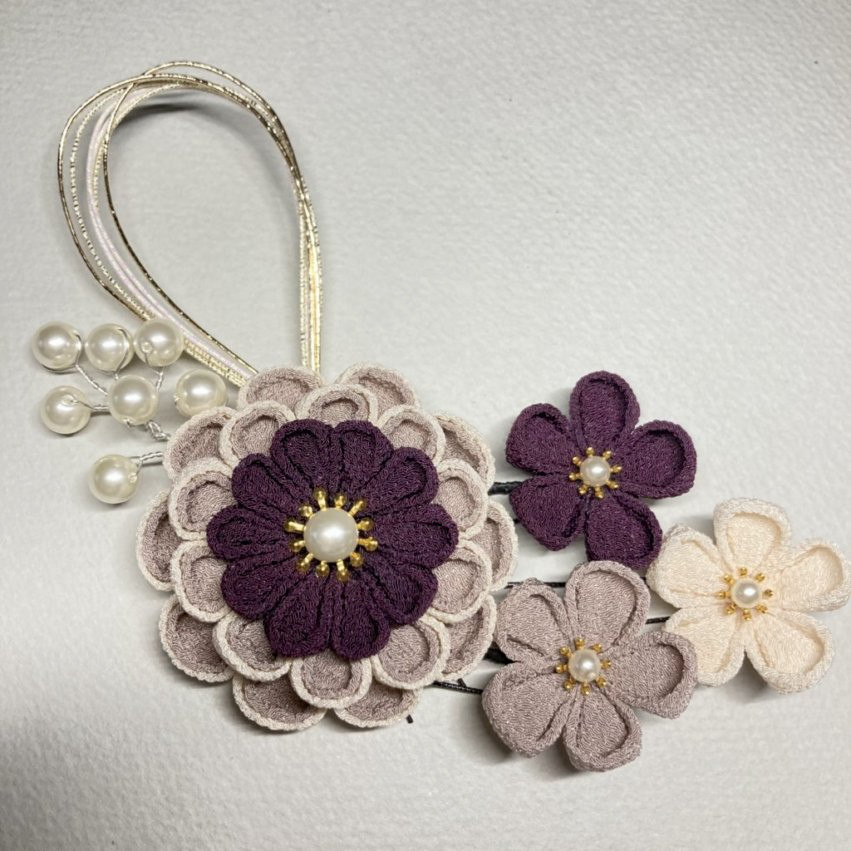 つまみ細工髪飾り　丸半くす３段　七五三　成人式　卒業式