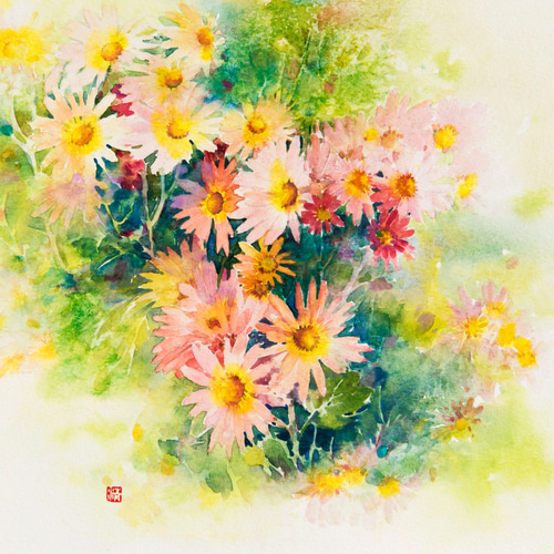 錦秋】水彩原画 F3サイズ 一点物 額装付き 豪華プレゼント付き