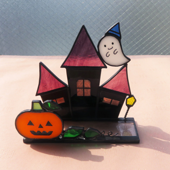 ハロウィンに　ステンドグラス　モビール(黒猫、魔女、おばけ) ステンドグラス ハロウィン 楽しいよ♪ カボチャとオバケさん B