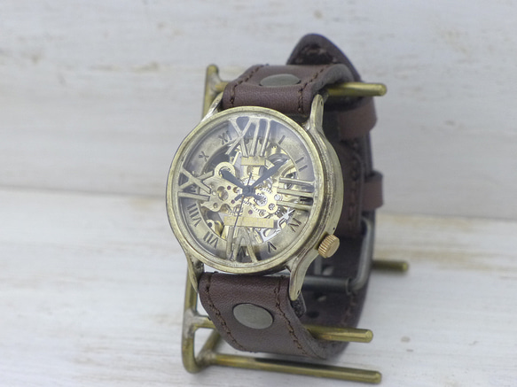 BHW121 手動上鍊黃銅 36 毫米羅馬數字浮動縫紉針帶手工手錶 第2張的照片