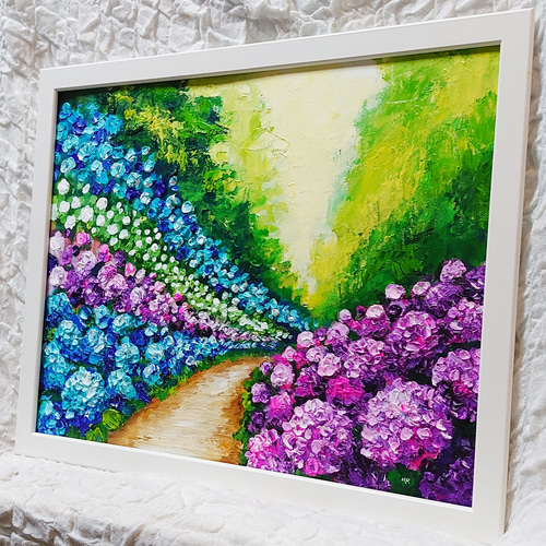 油絵 絵画【あじさいの道】 絵画 HR 通販 14467765｜Creema