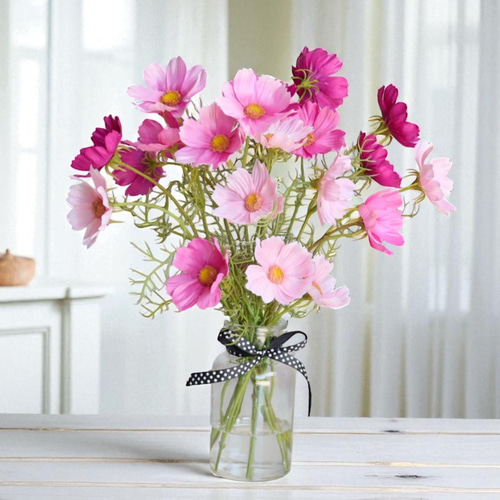 ずっと咲いてる》リボン付き花瓶3色のかわいいコスモスアレンジ／高さ