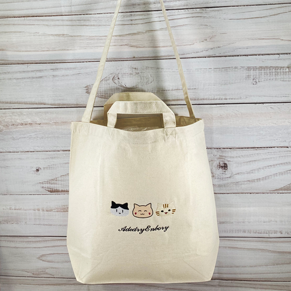 国内配送★セザンヌ たっぷり収納 刺繍 コットン トートバッグ 一点物限定セール】三種の猫 刺繍 内ポケット付き コットン
