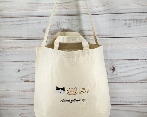 新品 刺繍 巾着 トート バッグ  猫 ネコ 2way ショルダー エコバッグ