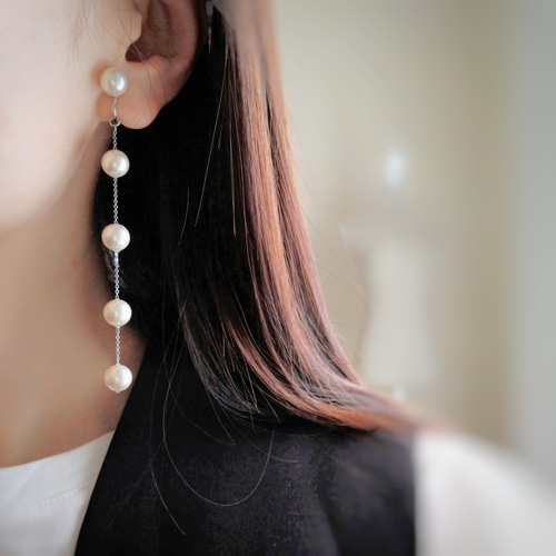 5連パールイヤリング/国産貝パール/5連パールピアス/316Lピアス
