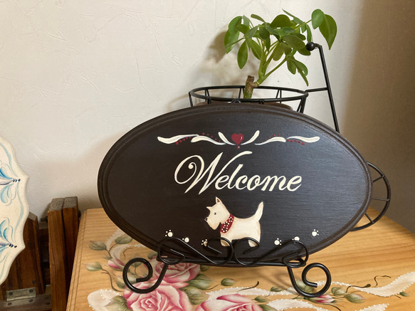 トールペイントで描いた可愛い犬のウエルカムボード その他インテリア