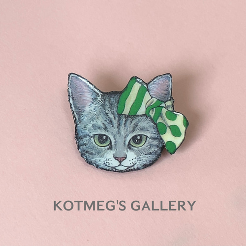 猫 グレー ブローチ オリジナル イラスト ねこ アメショ