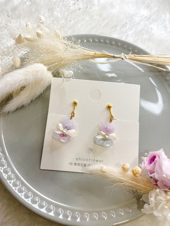 プリザーブドフラワーと熊のオーダーメイドピアス/イヤリング 7枚目の画像