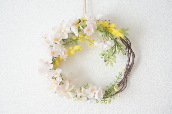 【Creema限定・1点物】山桜と菜の花のフラワーリース 1枚目の画像