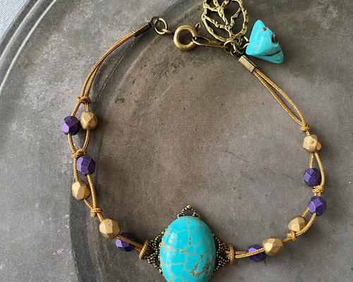 練りターコイズブレスレット／ビーズ／パープル ブレスレット Rose