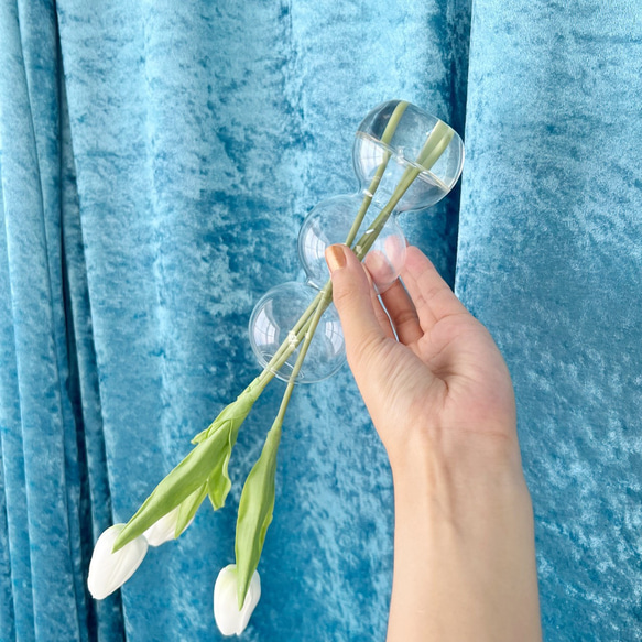 マジカルウォーター  お世話のいらないフラワーインテリア チューリップ 3本 白 ピンク みつ玉 もこもこガラス 7枚目の画像