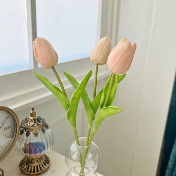 マジカルウォーター  お世話のいらないフラワーインテリア チューリップ 3本 白 ピンク みつ玉 もこもこガラス 9枚目の画像