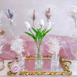 マジカルウォーター  お世話のいらないフラワーインテリア チューリップ 3本 白 ピンク みつ玉 もこもこガラス 1枚目の画像