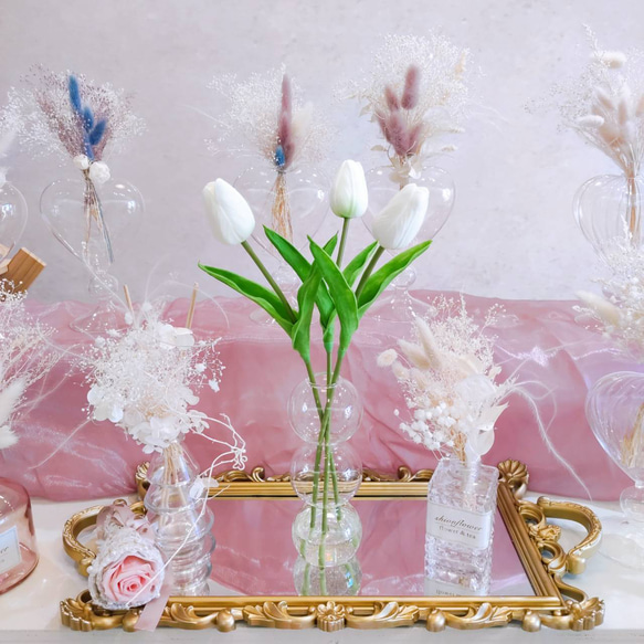 マジカルウォーター  お世話のいらないフラワーインテリア チューリップ 3本 白 ピンク みつ玉 もこもこガラス 1枚目の画像