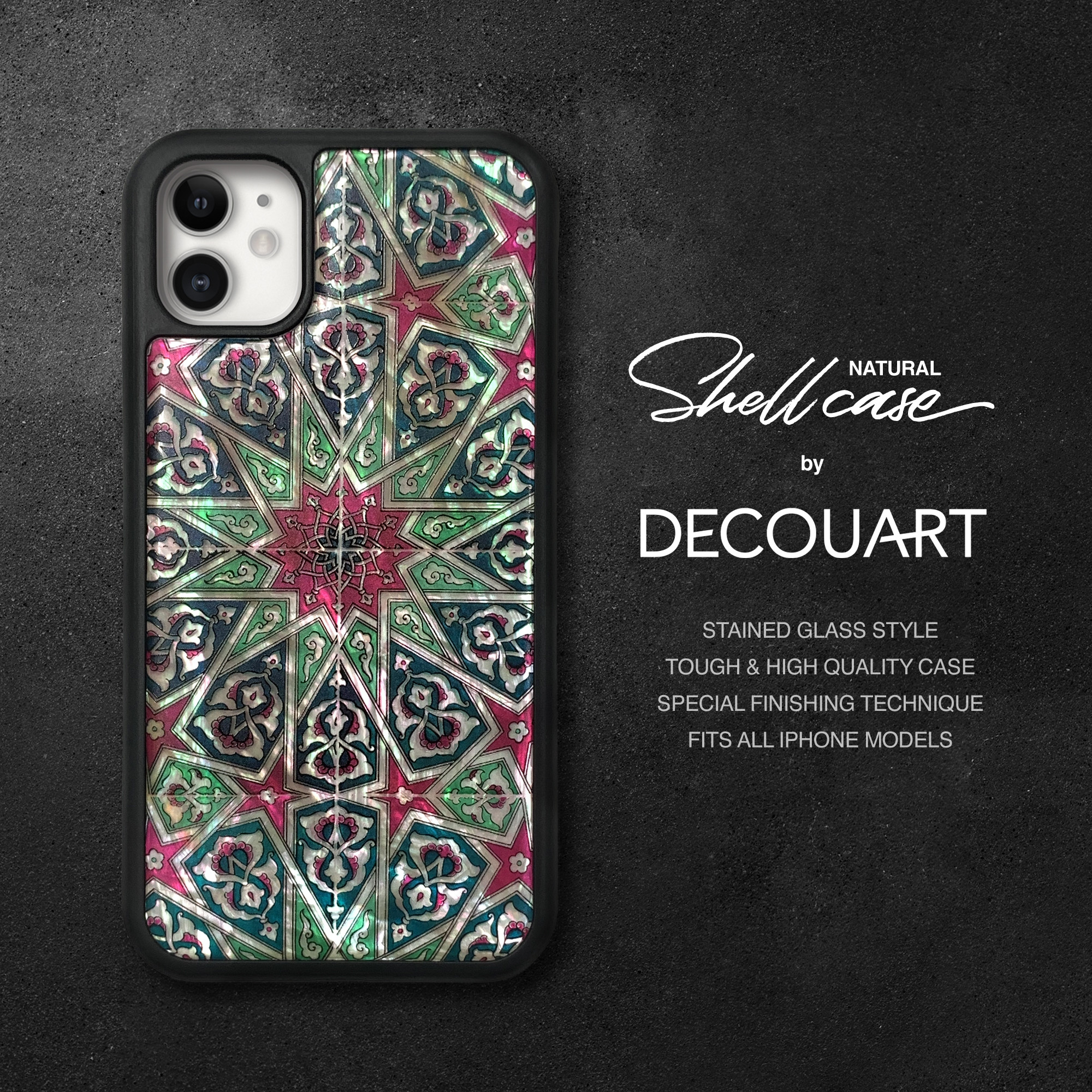 螺鈿風 天然貝シェル iPhone 15 全機種対応 ケース 名入れ可 ステンドグラス フラワーアート 耐衝撃 022