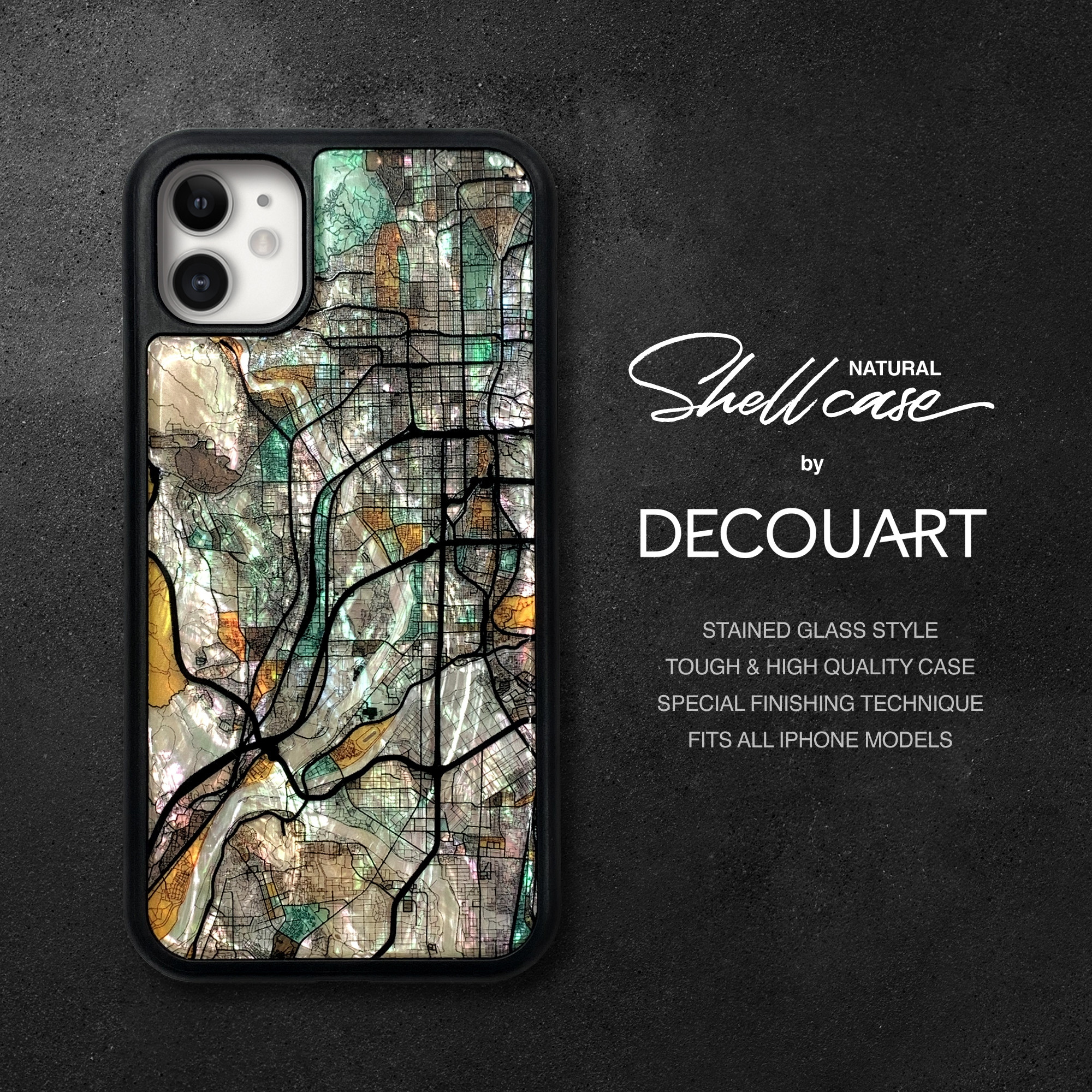 螺鈿風 天然貝シェル iPhone 15 全機種対応 ケース 名入れ可 ソフト ステンドグラス 京都地図 耐衝撃 024