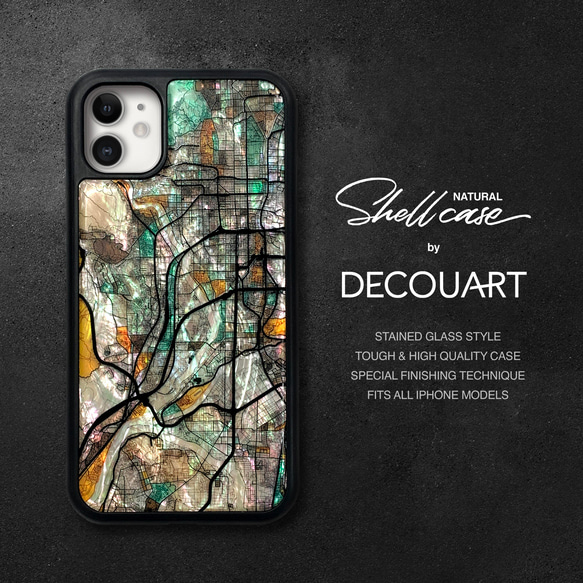 珍珠母貝風格天然貝殼 iPhone 15 手機殼，所有型號，可定制，柔軟，彩色玻璃，京都地圖，防震，024 第1張的照片