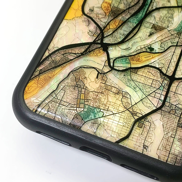 珍珠母貝風格天然貝殼 iPhone 15 手機殼，所有型號，可定制，柔軟，彩色玻璃，京都地圖，防震，024 第9張的照片