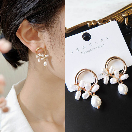 サークルピアス パール 花 フラワー スタッドピアス 揺れる バロック  