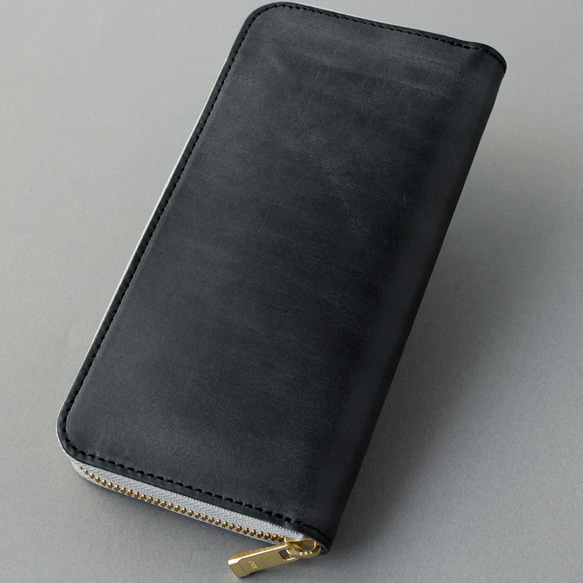 送料無料 国産ブライドルレザー リミテッド ラウンドファスナー ブラック 財布 メンズ レディース 本革 3枚目の画像