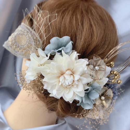 1番人気】青✖️刺繍リボンの髪飾り 成人式 前撮り 結婚式 色打