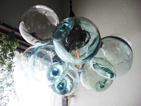 浮き雲ラムネ×クリア9★ヴィンテージガラスボールペンダントランプ　バブルガラスシャボン玉ランプ 4枚目の画像