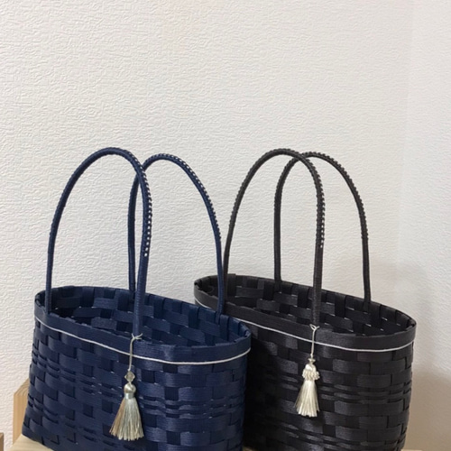 再販⭐︎ネイビーのかごバッグ 差し色シルバー☆受注生産 かご