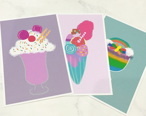 パフェ 3枚セット ポストカード かわいい はがき イラスト デザイン