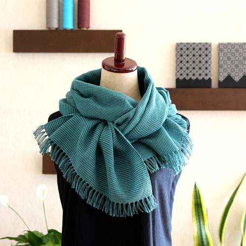 手織りコットン100%チクチクしないオールシーズンストール 深緑 x