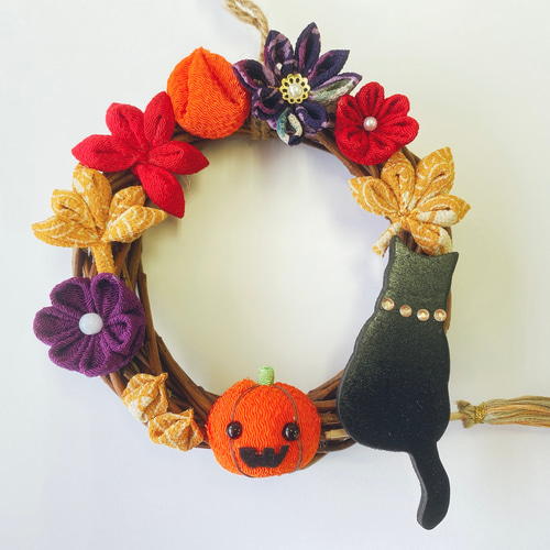 つまみ細工リース 黒猫ハロウィンSサイズ 送料無料 リース
