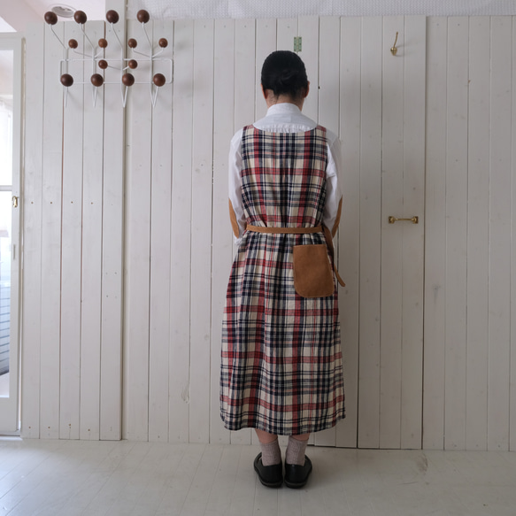 【すぐのお届け♪】コットンリネン ワンピース　beige madras check 2枚目の画像